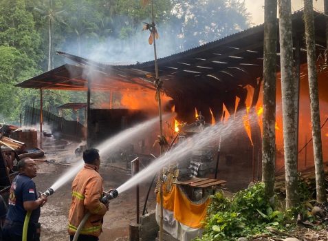 Ket poto: Damkar Jembrana memadamkan api di pabrik tedung Desa Yeh Sumbul