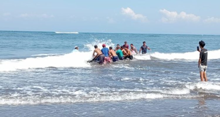 Ket poto: warga desa Perancak berusaha menyelamatkan ikan Paus yang terdampar di Pantai Perancak